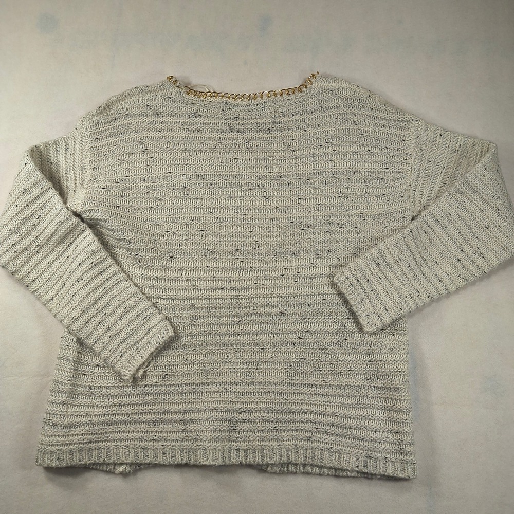 Paper Crane Sweater Gray  Knit Long Sleeve Metallic Gold Chain Trim Cozy Chic‎ - Picture 10 of 10